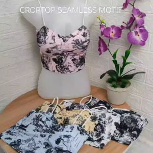 Crop Top Seamless Motif With Cup Bra Korean Fit S-XL / Atasan Wanita Crop Motif With Cup Bra fit S-XL