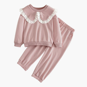 Gấu Lãnh Đạo quần áo trẻ em Bộ Cô Gái Của Màu Hồng Cổ Áo búp bê vải ren dài tay áo chui đầu và quần 2 Mảnh Trang Phục Mùa Thu quần áo trẻ em Phù Hợp Với 3 Để 7 Năm Mặc Giản Dị
