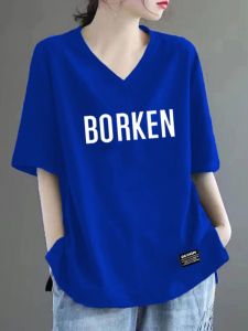 Áo Thun Cotton Cổ Chữ V Tay Ngắn Dáng Rộng Mùa Hè Cho Nữ Áo Thun Tay Lửng Thời Trang Giảm Béo Cỡ Lớn Áo Thun Cotton Phong Cách Hàn Quốc