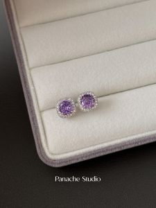 PANACHE Flashy Purple Square Sugar Stud Earrings Silver Needle Full of Zircon Ultra-Shiny Simple Versatile Ear Jewelry