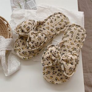 Thin Korean Floral Bows Linen Slippers Young Adult Heart All Year Round Neutral Non Slip Bedroom Floor Shoes Ins