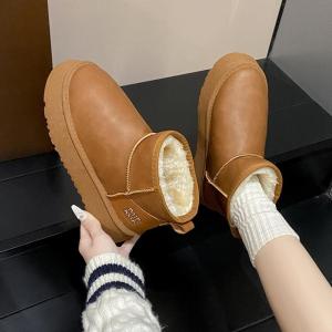 Giày Bốt Lông Cừu Dày Mùa Đông Cho Nữ Giày Bốt Đi Tuyết Ấm Áp Đế Cao Su Gót Phẳng Kiểu Dáng Ngắn Chất Liệu Da Lót Lông Cừu