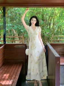 LINGQIAN | Summer French Style Lace V-neck Floral Printed Textured Slim Fit Mermaid Dress