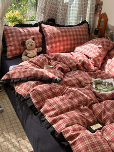 Ultra-Soft Red Plaid Lace Washed Cotton Dormitory Bedding Set Student Quilt Cover Dormitory Bed Sheet Three-Piece Set Ins Style