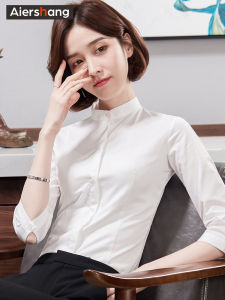 เสื้อเชิ้ตแขนสั้นสีขาวคอตั้งสไตล์เกาหลีสำหรับผู้หญิง ทรงเข้ารูป สไตล์ธุรกิจ ลำลอง ใส่ไปทำงาน ทรงปกติ ผ้าฝ้าย 100%