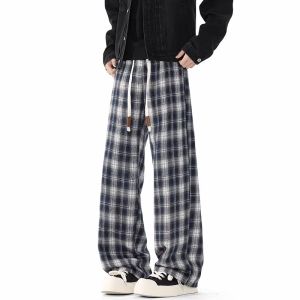 Quần Thể Thao Nam Ống Đứng Kẻ Caro Lót Lông Cừu Phong Cách Mỹ Cổ Điển Quần Ống Rộng Thường Ngày Mùa Thu