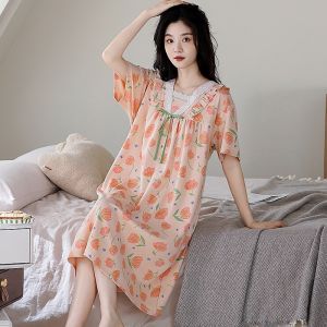 Miiow | Pure Cotton Summer Thin Breathable Short Sleeve Midi Dress Cat Woman Home Clothes Sweet Style Womens Nightgown Casual Leisure