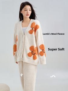 miiow | Cat Person Womens Sleepwear Half Fleece Casual Home Clothes Outerwear Autumn Winter Warm Long Sleeve V Neck Floral Pattern