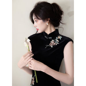 Floral Velvet Qipao Dress Slimming Retro Elegant