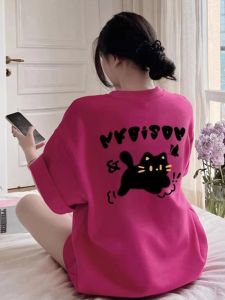 Extra Large Size 150.00kg Cat Printing Stylish Short Sleeve T-Shirt Summer White Wear Rose Red Half Sleeve Tops Women
