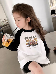 Girls Long Sleeve Cotton T-Shirt round Neck Loose Fit Cartoon Print Base Shirt Spring Summer Casual Wear for Little Girls