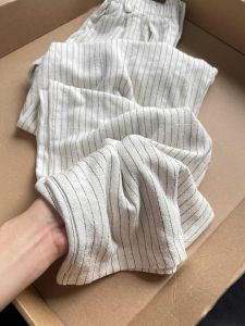 Quần Ống Rộng Vải Lanh Cạp Cao Mùa Hè Cho Nữ Quần Dài Đến Sàn Họa Tiết Sọc Dáng Rộng Dáng Thon Gọn Quần Dài Thoải Mái