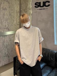 Light Grey Heavyweight Short Sleeve Mens T-Shirt American Style Three-Needle Pure Cotton Inner Wear Half Sleeve Summer Top