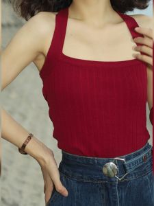 HUOLISI | Retro Hong Kong Style Red Knitted Strap Tank Top Unique Design Summer Womens Innerwear