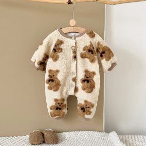 Lamb Fleece Cute Bear Printed Baby Jumpsuit Winter Newborn Baby Girls Boys Long Sleeve Crawling Suit