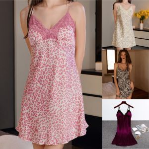 Supfine ชุดกลางคืนชุดนอนพิมพ์ลายลายเสือดาวพร้อมแผ่นปิดหน้าอกลูกไม้ปรับสายได้สำหรับผู้หญิงชุดนอนผู้หญิงสบาย Pakaian Rumahan เป็นมิตรกับผิว