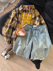 American Style Vintage Light Blue Womens Denim Shorts High Waist Straight Leg Cut out Wide Leg Pants Summer Jeans Shorts