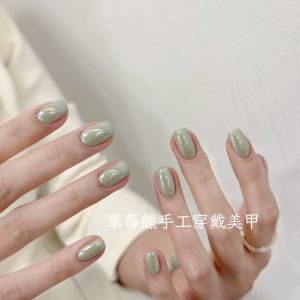 เล็บใส่ได้แบบถอดออกได้สีเขียวมิ้ตซ่า ชุดเล็บประดับเล็บแบบสวมใส่สีเขียวอุรุกวัย ขนาดกลางถึงสั้น ผลิตจากจีนแผ่นดินใหญ่