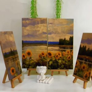 HIASAN DINDING SET BUNGA MATAHARI WALLDECOR 4 IN 1 NUANSA ABSTRAK OIL PAINTING SUN FLOWER HIASAN DAN PAJANGAN RUMAH KAYU AESTHETIC KEKINIAN