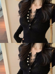DUOFEIYAN | Black Lace V-Neck Long Sleeve Knit Sweater for Women Autumn Winter