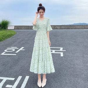 Floral Print Maxi Dress Women Summer 2025 New Style French Vintage Slimming Effect Street Style Chiffon Knee-Length Cake Skirt