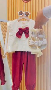 X BABY Setelan Baju Lengan Panjang Anak Perempuan Katun Polos O-Neck Renda Pita Celana Corduroy Panjang Pita Elegan Style Usia 1-5 Tahun
