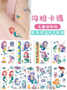 Mermaid Tattoo Stickers Shiny Cartoon Hand-Painted Style Colorful Waterproof Adhesive Stickers for Women Long Lasting