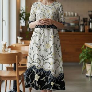 NYONYA BATIK Fabric only floral pattern off white navy colour