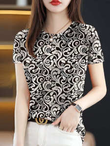 Summer New Ice Silk Mommy Style Short Sleeve T-Shirt round Neck Belly Covering Slimming Versatile Womens Top Casual Loose Fit