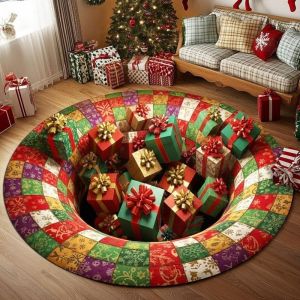 VIKAMA 3D Optical Illusion Christmas Round Rug Non-Slip Living Room Decorative Mat Holiday Party Gift Floor Carpet Home Decor