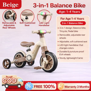 Beige Bike For Kids boy 3in1 Balance with folding training wheels Adjustable kids bike with music light 1-7