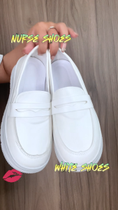 Falimottype)Size 35-40 Womens Fashion Nurse Shoes Thick Soled Slip-On Leather Shoes White Soft Soled School Student Sneakers