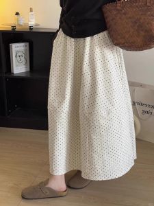 กระโปรงทรงเอเอวสูงลายจุดสีขาวสำหรับผู้หญิง กระโปรงทรงเอปักลายจุดสำหรับผู้หญิงไซส์ใหญ่ กระโปรงทรงเอทรงกลมปิดหน้าท้อง กระโปรงทรงเอสไตล์หวาน