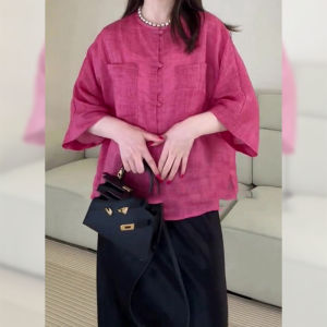 PAIBOLI | New Chinese Style Button Up Shirt Thin Summer Outerwear Womens Design Sensation Casual Fashion Round Neck Short Sleeve Print