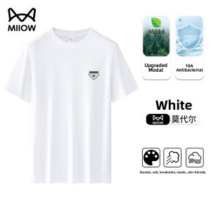 MiiOW | Mens Ice Silk Modal Cotton Short Sleeve T-Shirt Breathable Casual Summer Top Antibacterial UV Protection Standard Fit Basic Logo Print