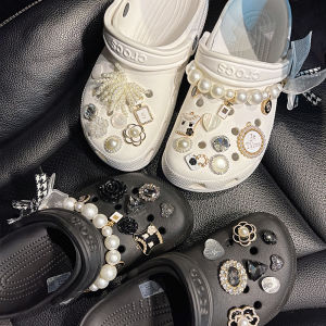 Tea Flower Gem Alloy Decorative Shoe Buckle Hole Shoe Accessory Fashionable Black White Diamond Flower Shoe Clip on Buckle