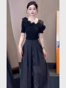 Black 3D Flower Asymmetrical Shoulder Short Sleeve T-Shirt French Design Unique Beautiful Top Womens Fashion Summer 2025