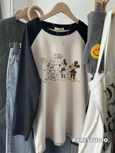 เสื้อยืดคอกลมแขนยาวผ้าขนแกะหนาแบบสองด้านสำหรับผู้หญิง ทรงหลวม ลายมิกกี้เม้าส์ เสื้อชั้นในฤดูหนาว แฟชั่นเกาหลี