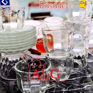 MURAH GRATIS 12PCS ISI CANGKIR TEH CAMPUR PIRING TATAKAN BAHAN KACA TEBAL MODEL CRISTAL GRATIS 2PCS SENDOK / GELAS SET CANTIK