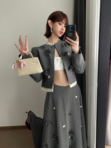 ChiclyNana Wealthy Princess Style Set High Waist Flared Skirt Short Jacket Two Piece Suit Polyester Fiber Long Sleeve Long Pants