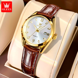 OLEVS Womens Watch: Round Dial Diamond-Accented Roman Numerals Genuine Leather Strap 30m Water Resistant Quartz Watch for Women | Luxury Business Ladies Wristwatch (Mothers Day Gift)