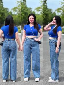 กางเกงยีนส์บิ๊กไซส์ขากระบอกเอวสูง กางเกงยีนส์สาวอวบขากระบอก