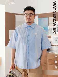 Loose Fit Oxford Cloth Stripe Patchwork Short Sleeve Mens Shirt Summer Fashion Casual Large Size Square Collar Single Button