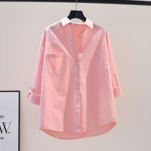 เสื้อเชิ้ตแขนยาวผู้หญิงผ้าฝ้ายแท้สีชมพู ทรงหลวม กระเป๋าเดี่ยว ฤดูใบไม้ผลิและฤดูร้อน แฟชั่นอเนกประสงค์ เสื้อคาร์ดิแกนเปิด