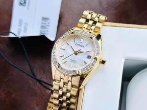 ĐỒNG HỒ NỮ CHÍNH HÃNG Citizen EU6062-50D Quartz Full Gold Stainless Steel & Case White Dial Diamonds For Women