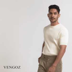 VENGOZ Kaos Rajut Pria Premium - Mens Striped Knitted T-Shirt Cotton Off White SS