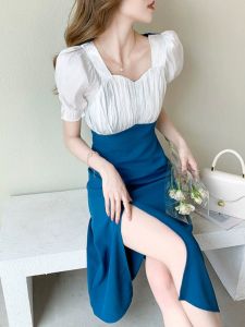 Summer Fashion Elegant Design Square Collar Chiffon Panel Short Sleeve Dress