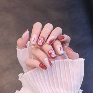 (WITH GLUE) 24PCS Fake Nails Jujube Red Smudged Acrylic Flower with Golden Edge INS short design Wearable Detachable 24片枣红晕染金边亚克力花INS风短款指甲片可穿戴可拆卸