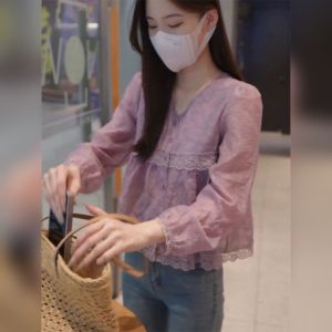 YUFUQING | French Lace V-neck Floral Print Loose Womens Shirt Summer Sun Protection Top Elegant Quality Casual Commute Style Long Sleeve