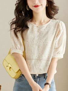 Elegance Elegant Embroidery Cut Out round Neck Short Sleeve Shirt Womens Summer New Arrival Commuters All-Matching Thin and Breathable Thin Top